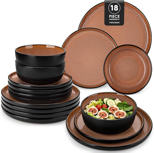 vancasso Plates and Bowls Sets, 18 Pieces Stoneware Dinnerware Sets for 6, Kitchen Dish Set Mircowave and Dishwasher Safe Ceramic Dishware, Dark Brown, Series AMBER