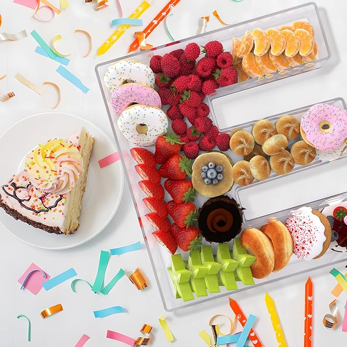 13.8" Extra Large Acrylic Letter Charcuterie Board Box, Reusable Fillable Letter Cake Candy Dish Display Serving Tray for Birthday Anniversary Party Decoration (E)