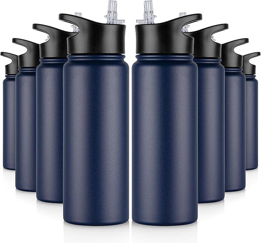 24 oz Insulated Water Bottle Bulk 8 Pack, Stainless Steel Sports Water Bottles with Straw Lid & Wide Mouth Lids, Double Walled Vacuum, Leak Proof, Blue