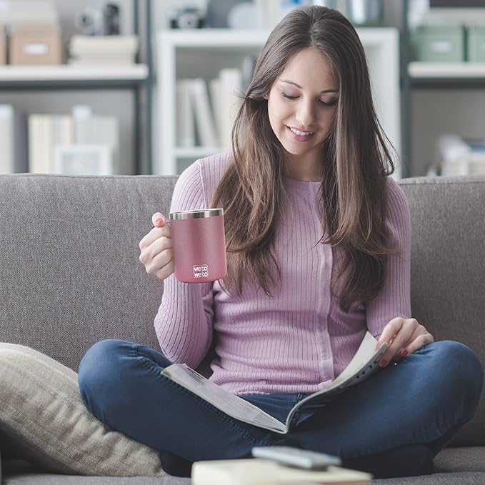 WETOWETO Coffee Mug with Handle, 14oz Insulated Stainless Steel Coffee Travel Mug, Double Wall Vacuum Reusable Coffee Cup with Lid, Powder Coated Rose Gold