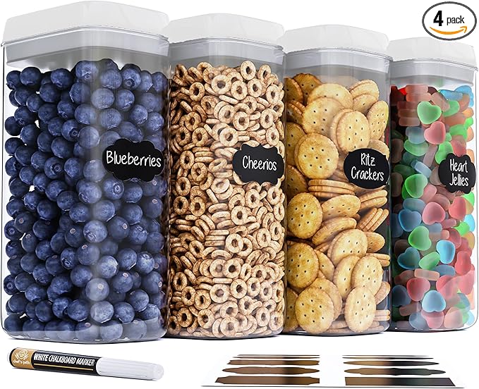 Chef's Path Large Airtight Food Storage Containers with White Lids, Set of 4, 3.2L, 109Oz, Kitchen and Pantry Canisters for Pasta, Cereal, Noodles, and Flour Storage - Transparent
