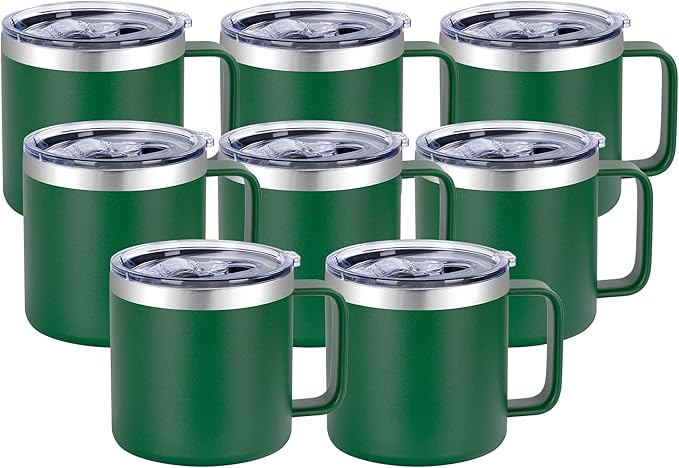 VEGOND 14 oz Insulated Coffee Mug Bulk with Handle, Stainless Steel Travel Coffee Mug with Lid, Double Wall Vacuum Metal Coffee Cup, Coffee Tumbler Powder Coated, Dark Green 8 Pack