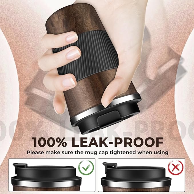 Insulated Coffee Tumbler 12 oz, Stainless Steel Coffee Mug with Lids, Travel Coffee Mug Leak Proof, Double Wall Vacuum Insulated Reusable Coffee Cup, Keep Drinks Hot and Cold (Wood, 12 Ounces)