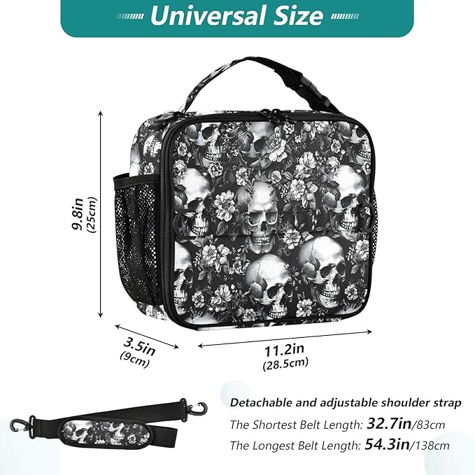 Skull Lunch Bag for Women Men Insulated Reusable Lunch Box with Adjustable Shoulder Strap Cooler Tote Bag for School Outdoor Picnic