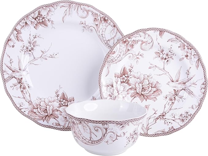 222 Fifth Adelaide Brown on White 12-Piece Dinnerware Set – Service for 4, Plate & Bowl Set,Durable Porcelain, Dishwasher Safe, for Everyday Dining & Entertainment