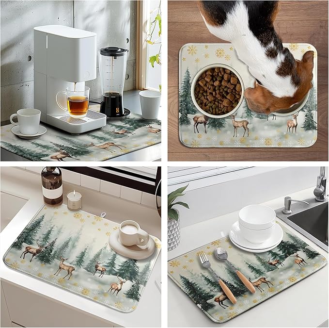 Winter Deer Snowflakes Dish Drying Mat Christmas Snow Forest Large Kitchen Mats Dish Drying Pad Absorbent Dish Dryer Mat for Kitchen Countertops Microfiber Drainer Pad Dish Drying Mats (18x24 in)