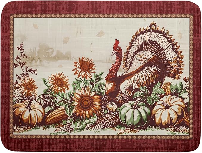 Rustic Turkey Dish Drying Mat for Kitchen Countertop 18x24 inch Fall Thanksgiving Pumpkin Sunflowers Harvest Dish Drainer Mats Fast Drying Farmhouse Country Style Dish Drying Pad Holiday Decor Large