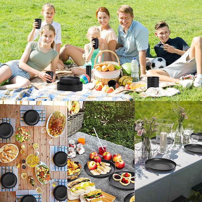 Black Plates and Bowls Sets for 8,Wheat Straw Dinnerware Sets Black Plastic Reusable Dishwasher Safe for Kitchen Halloween Camping,32 Pcs Lightweight Unbreakable Plastic Dishes Set Outdoor