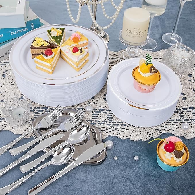 WELLIFE 300 PCS Silver Dinnerware Set for 50 Guests, Silver Plastic Disposable Plates for Party, 50 Dinner Plates, 50 Salad Plates, 50 Cups Forks Knives Spoons for Wedding and Party Anniversary