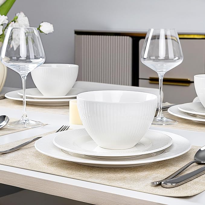 12 Piece Porcelain Dinnerware Sets for 4, White Plates and Bowls Sets with Embossed Stripe Decro, Elegant Kitchen Dish Sets - Dishwasher and Microwave Safe, QOMO-1996