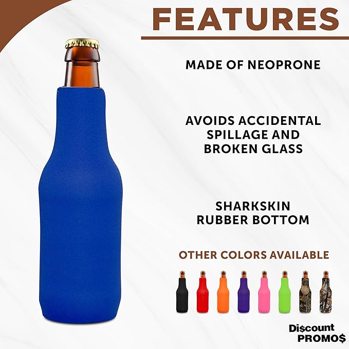 10 Neoprene Zippered Beer Bottle Coolies Pack - Sharkskin Rubber Bottom - Royal Blue