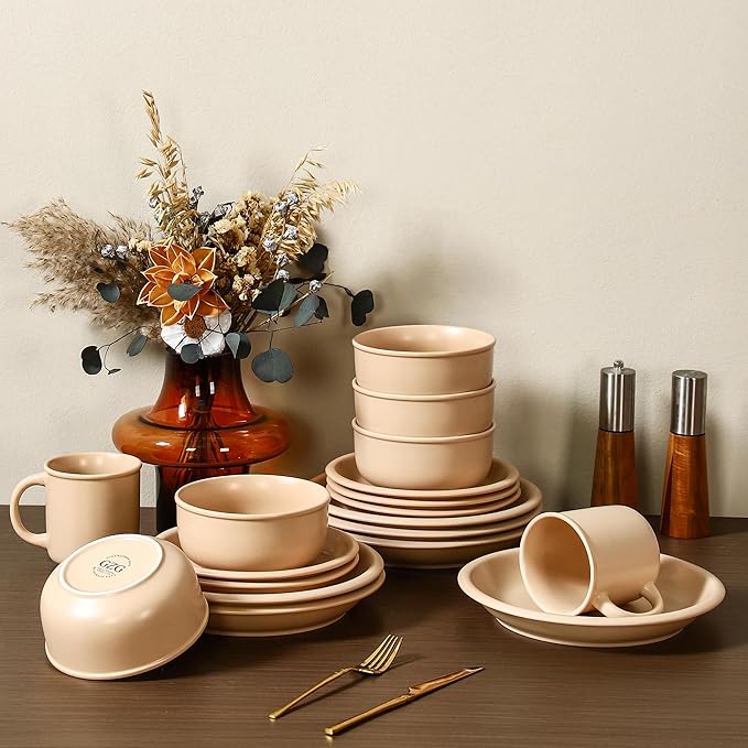 GZG Vintage Series - Ceramic Dinnerware Set for 8, 24 Pieces Stoneware Plates and Bowls Set, Lead-Free, Handcrafted Dishes Set, Microwave & Dishwasher Safe - Warm Apricot
