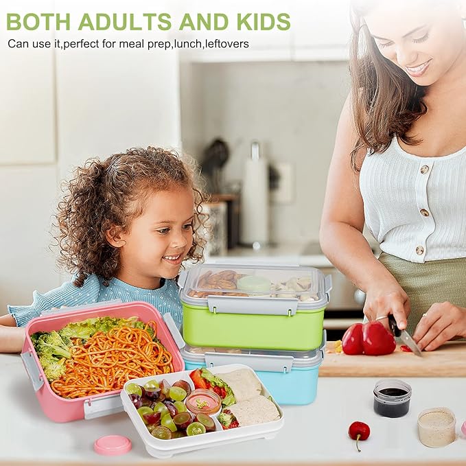 3 Pack Salad Lunch Box Food Storage Containers, 47oz Bento Box To Go Container with Lids, Meal Prep Containers with Removable Tray & Dressing Pots for Kids and Adults, Reusable and Microwavable