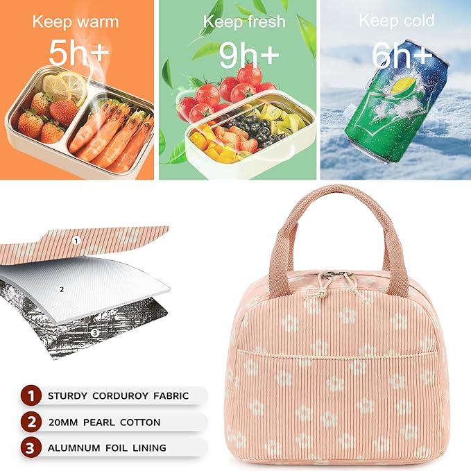 Bluboon Lunch Bag for Women Men Cute Corduroy Lunch Tote Bags Reusable Insulated Lunch Box Large Capacity Reusable Insulated Cooler for Work Picnic or Travel