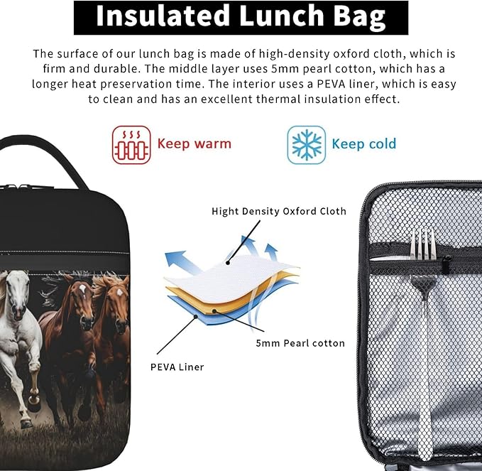 Wild Horse Lunch Bag, Polyester Tote Bags with Horses on Black Background, Insulated Lunchbox, Portable Lunchbag Decor Gifts for Work, Picnic, School, Travel, Hiking, Beach or Fishing