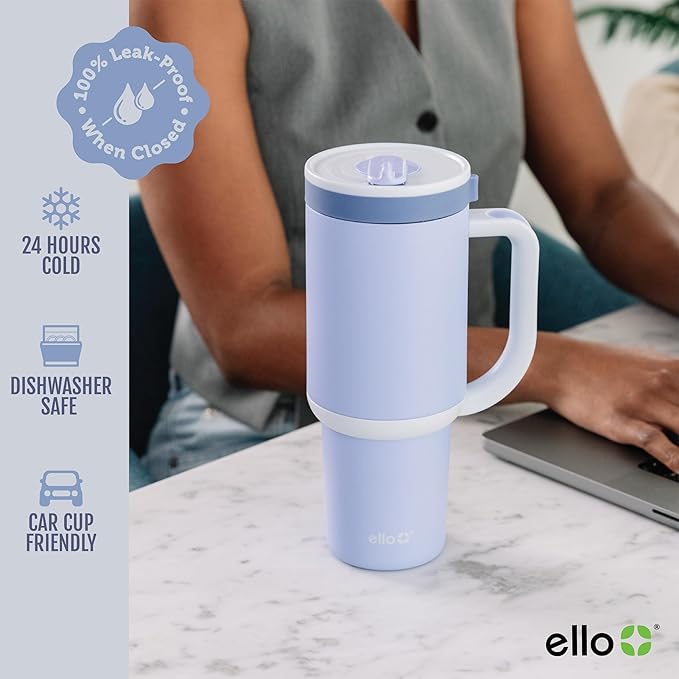 Ello Oasis 40 oz Tumbler with Handle & Retracting Straw | Reusable Insulated Stainless Steel Cup 100% Leakproof, Gifts for Teens Women Men | Keeps cold for 20 Hours, Cup Holder Friendly, Twilight