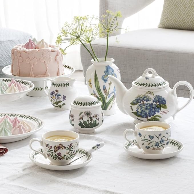 Portmeirion Botanic Garden 10oz Teacup and Saucer - Set of 6 | Assorted Floral Motifs | Fine Earthenware | Chip Resistant Glaze | Dishwasher, Microwave, Freezer, Oven Safe | Made in England