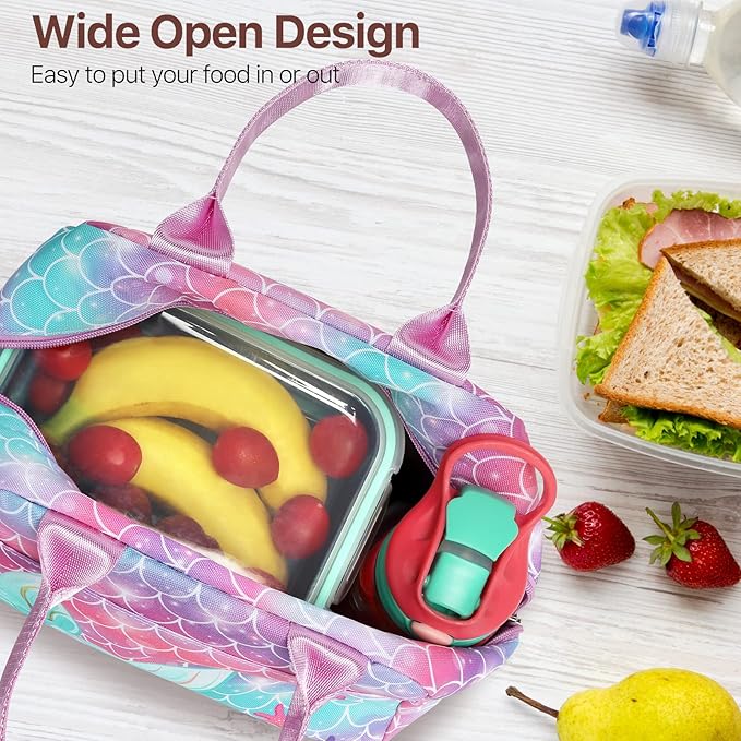 Bagseri Lunch Bag for Girls - Insulated Kids Lunch Bag for Girls Portable Reusable Toddler Lunch Cooler Bag for School with Leakproof Liner (Purple Mermaid Tail)