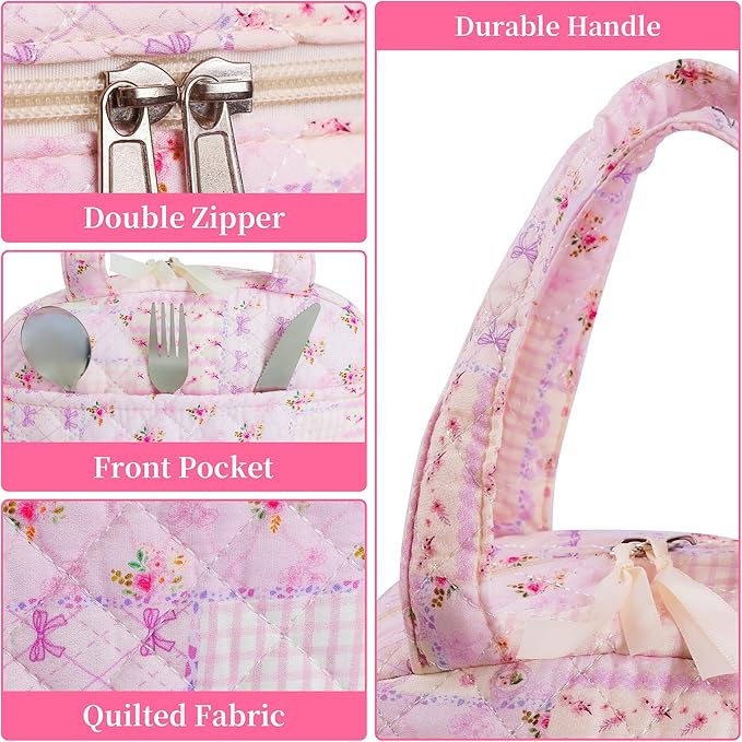 Quilted Lunch Box for Women,Insulated Cute Reusable Lunch Bag with Front Pocket,Pink Flower Stylish Lunch Tote Bag for Work, Office,Picnic, Travel,School (purple pin)