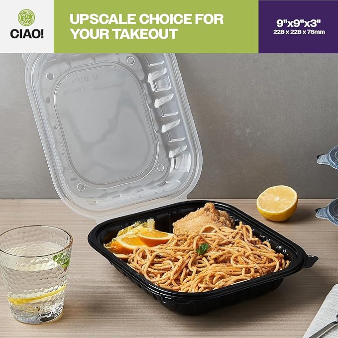 CIAO! 9"x9"x3" Polypropylene Black bottom with Clear Lid Hinged Container 1 Compartment Take Out Container, Microwavable, Recyclable and Reusable, (Case of 150)