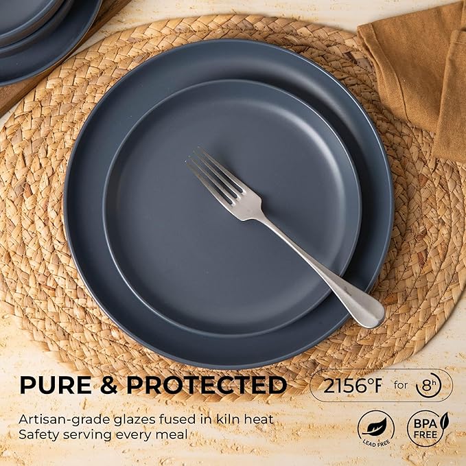 12-Piece Matte Blue Dinnerware Set,Stoneware Dinnerware for 4, Microwave & Dishwasher Safe, Stackable Design for Kitchen and Dining - Plates and Bowls