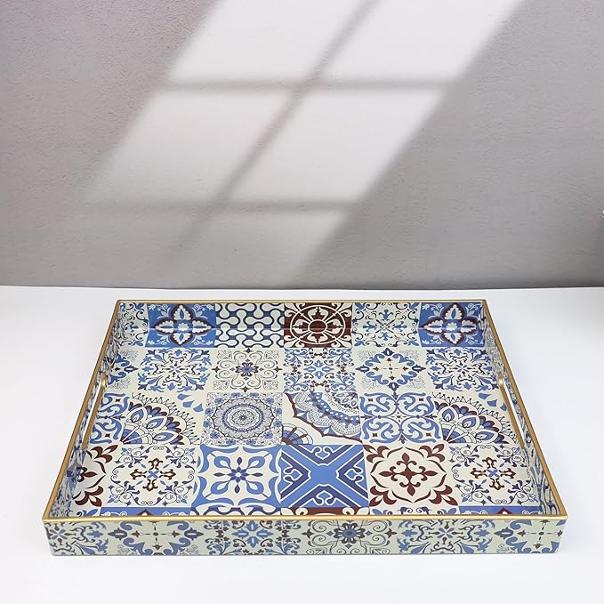 Spsyrine Decorative Serving Tray with Handles, Lacquered Coffee Table Tray for Ottoman, Rectangular Waterproof Platters for Centerpieces, Parties, Living Room, Kitchen Counter Organization SP3040RE1