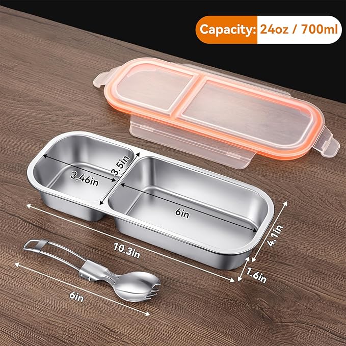 Stainless Steel Snack Containers with Lids & Spork, Reusable 2 Compartment Condiment Boxes, Divided Grab Food Storage Containers, Sauce Cups for Home, Travel (2 Compartments)