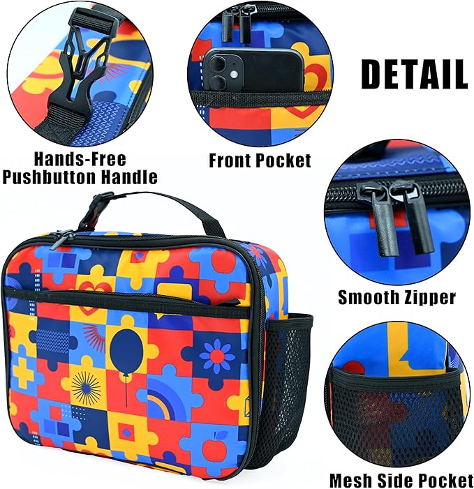 Autism Awareness Lunch Box Insulated Reusable Lunch Bag Tote Cooler for Women Men Boy Girl School Work Office Picnic