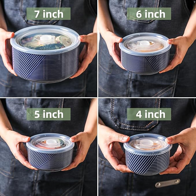Ceramic Nesting Bowls with Lids: Mixing Bowls with Lids - Porcelain Food Storage Containers For Prep and Serving, Microwavable Kitchen Bowl Set of 4, 50/32/20/10 oz (Navy)