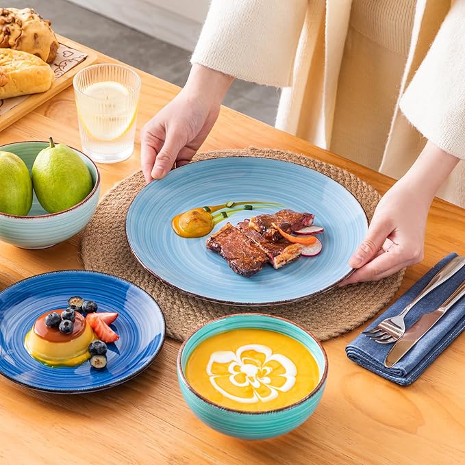 vancasso Bonita Dinnerware Set Blue Stoneware 18 Pieces Service for 6, Handpainted Spirals Pattern Stoneware Plates and Bowls Set