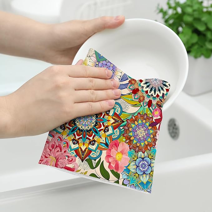 Boho Floral Kitchen Towels Set of 2, Colorful Flowers Dish Towels, Absorbent Soft Hand Tea Bar Towels for Farmhouse Home Decor