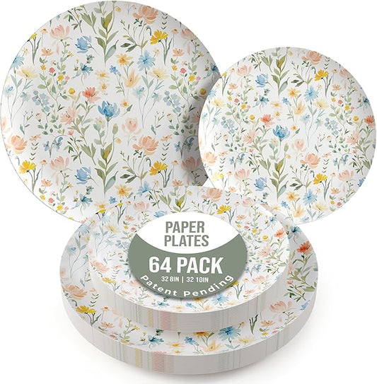 Trendables Heavy Duty Paper Plates Set For 32 Guests - 32 Each Of 8-inch And 10-inch Disposable Plates For Party - Fancy 64 Piece Dinnerware Set For All Occasions | Floral Design, Petite Fleur