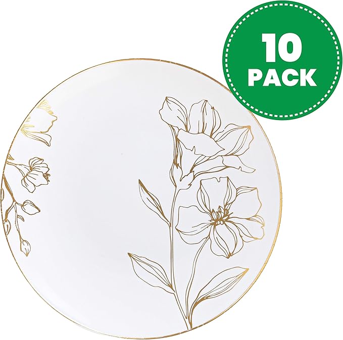 [6'' Plates 10 Count] White Plastic Floral Design Party Plates With Gold Rim Premium heavyweight Elegant Disposable Tableware Dishes
