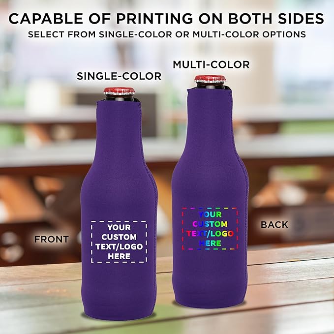 100 Neoprene Zippered Beer Bottle Coolies Pack - Customizable Text, Logo - Sharkskin Rubber Bottom - Purple