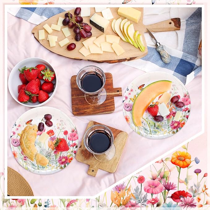 Zhehao 100 Pcs Wildflower Paper Plates 9 Inch Disposable Summer Plates Party Decoration for Birthday Picnic Spring Wedding Baby Shower