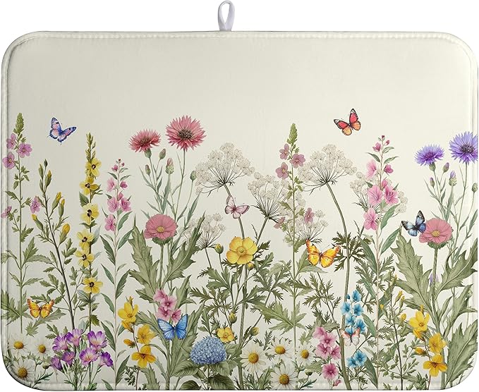 Spring Dish Drying Mat Summer Floral Flowers Kitchen Dish Drying Pad Absorbent Dish Dryer Mat for Kitchen Countertops Microfiber Dishes Drainer Pad Dish Drying Rack Mat (18x24 in)