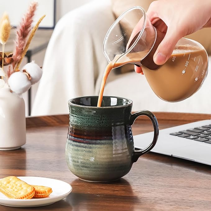 21 oz Large Ceramic Coffee Mugs, Pottery Mug Handmade, Ceramic Tea Cups with Handle for Office and Home, Dishwasher and Microwave Safe (Ink Green)