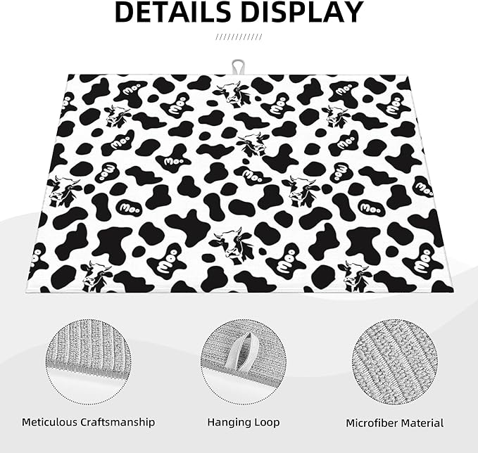 Black White Dish Drying Mat for Kitchen Counter 18"x24" Cow Print Dishes Pad Dish Drainer Rack Mats Microfiber Washable Absorbent Kitchen Decor