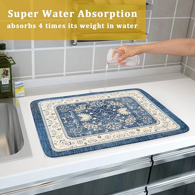 Blue Boho Dish Drying Mat for Kitchen Counter 18x24 Inch Fast Dry Drying Pad Vintage Floral Dish Drainer Rack Mats Coffee Bar Accessories