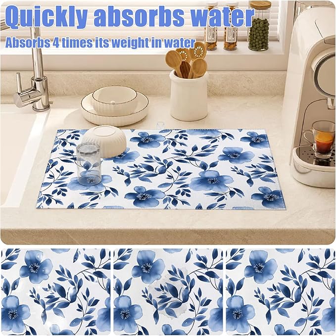 Blue Floral Dish Drying Mat for Kitchen Counter Flower Leaves Drying Pad Absorbent Reversible Dish Drainer Rack Mats Draining Pad 18"x24"Inch