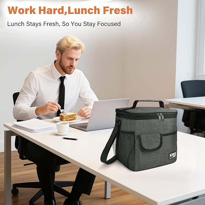 Tirrinia Insulated Large Lunch Bag for Women Men, Leakproof Lunch Box Containers for Adults, Work, School, Soft Lunchbox for Kids, Boys, Adult Cooler Bag for Picnic, Hiking,Beach,Charcoal