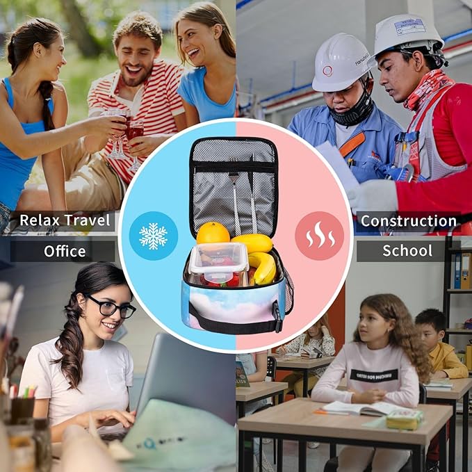 SUPLUCHOM Lunch Bag Pastel Blue Pink Color Insulated Box Reusable with Side Pocket for Girl Boy Women Men Work School Picnic Hiking Daytrip Over 3 Years Old