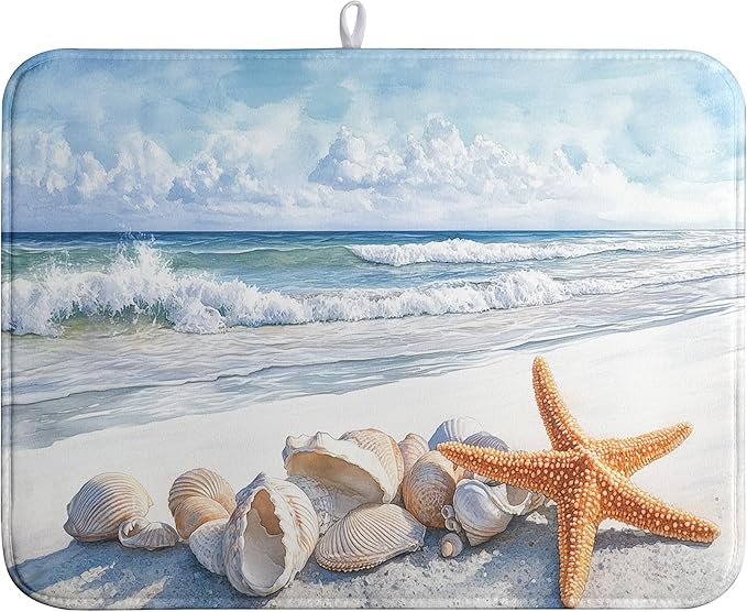 Summer Beach Dish Drying Mat for Kitchen Counter Starfish Coastal Shells Kitchen Dishes Dryer Pad Absorbent Matt Microfiber Washable Foldable Reusable Large 18x24 in
