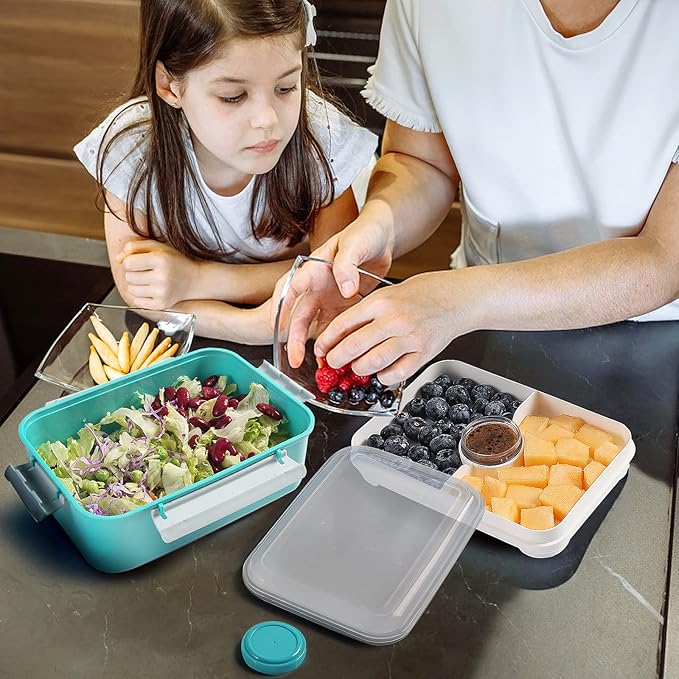 3 Pack Salad Lunch Box Food Storage Containers, 47oz Bento Box To Go Container with Lids, Meal Prep Containers with Removable Tray & Dressing Pots for Kids and Adults, Reusable and Microwave Safe