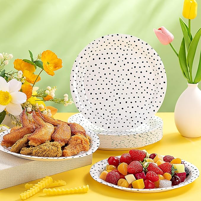 Zhehao 50 Pcs Black Painted Dots Paper Plates 9 Inch Disposable Summer Plates Party Decoration for Birthday Picnic Spring Wedding Baby Shower