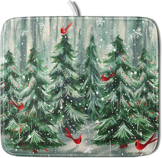 Winter Pine Tree Dish Drying Mat Red Bird Berry Dishes Drainer Mats Absorbent Microfiber Kitchen Counter Protector Drying Mats 16x18 Inch