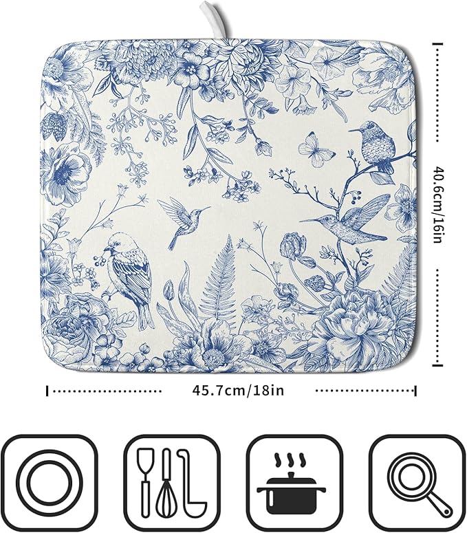 Chinoiserie Dish Drying Mat 16x18 Inches, Blue White Birds Floral Flowers Super Absorbent Microfiber Dish Rack Pad Mat for Kitchen Counter Coffee Bar