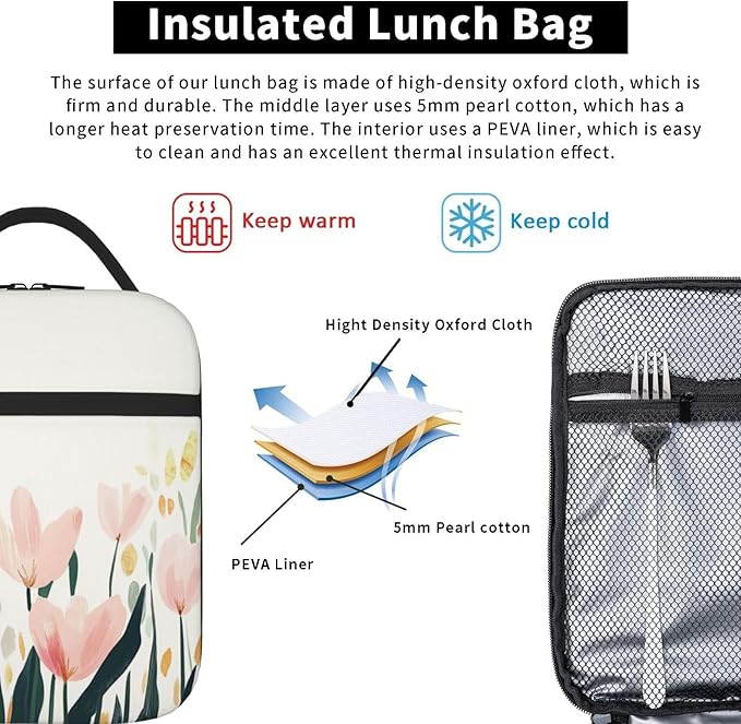 SUPLUCHOM Lunch Bag Tulip Flower Watercolor Insulated Bento Box Cooler with Side Pocket for Girl Boy Women Men Work School Picnic Hiking Daytrip