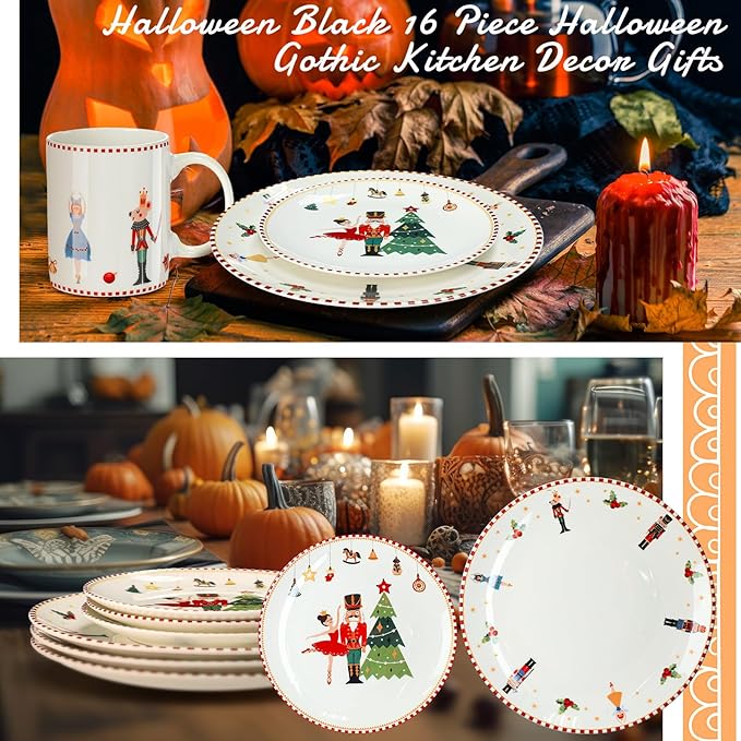 16 Pcs Nutcracker Christmas Dishes Dinnerware Set for 4 Guest Nutcracker Dinner Plates Ceramic Christmas Salad Plate Holiday Bowl Mug Serving Dishes Gift for Xmas Holiday Party Kitchen Decoration