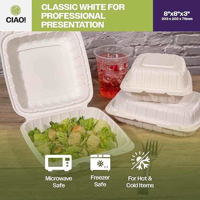 CIAO! 8"x8"X3" MFPP White Hinged Container With Lid 1 Compartment (Case of 200)